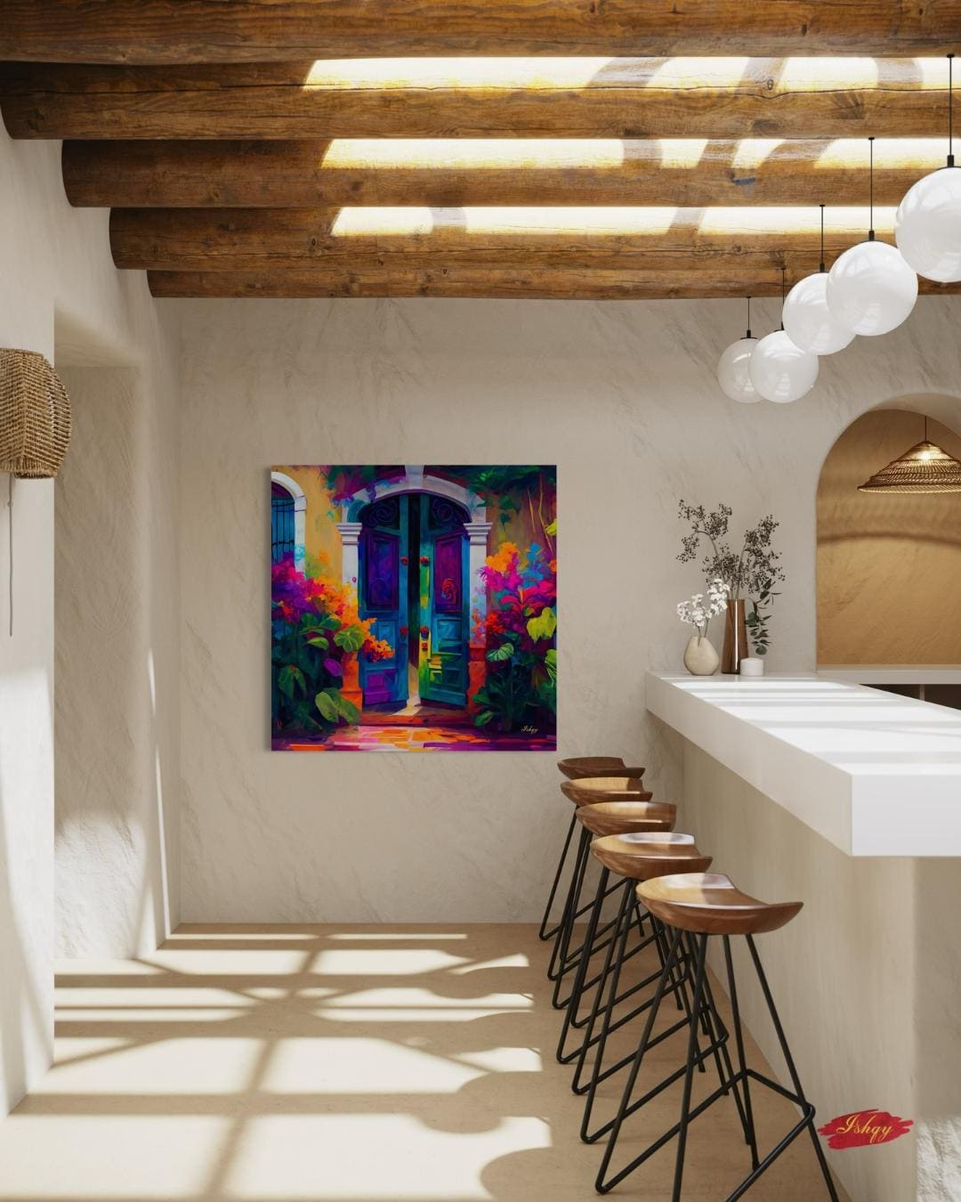 Umbral Florido | Vibrant Mexican Doorway Wall Art Print | IshqyBusiness. Bougainvillea Door art print of a vibrant Mexican doorway with lush flowers. Canvas & framed canvas painting print for joyful, colorful home wall decor.