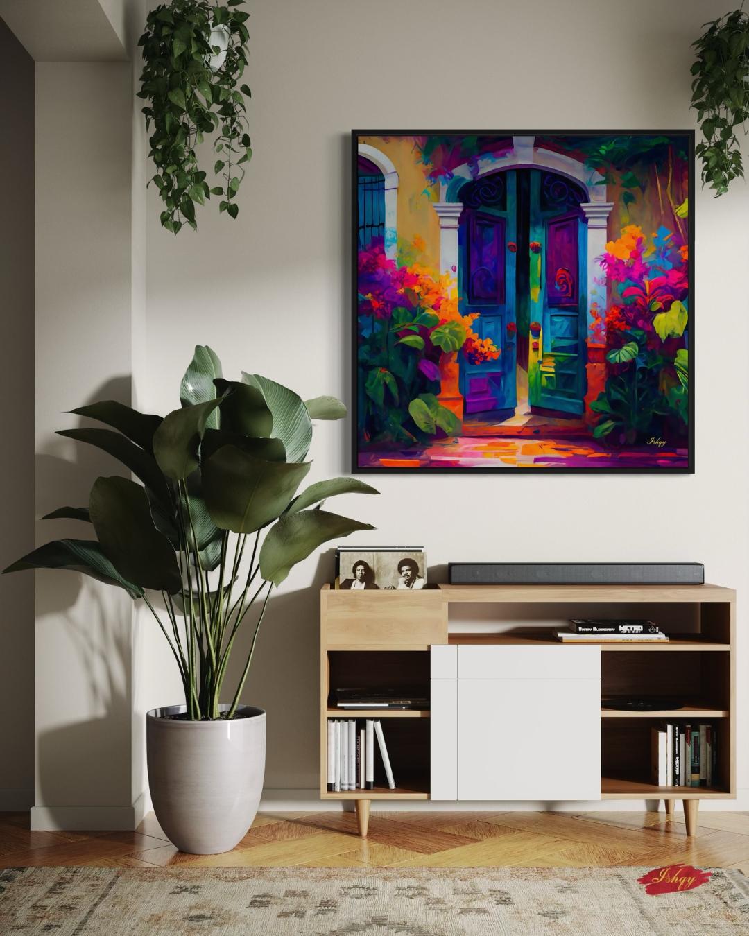 Umbral Florido | Vibrant Mexican Doorway Wall Art Print | IshqyBusiness. Bougainvillea Door art print of a vibrant Mexican doorway with lush flowers. Canvas & framed canvas painting print for joyful, colorful home wall decor.