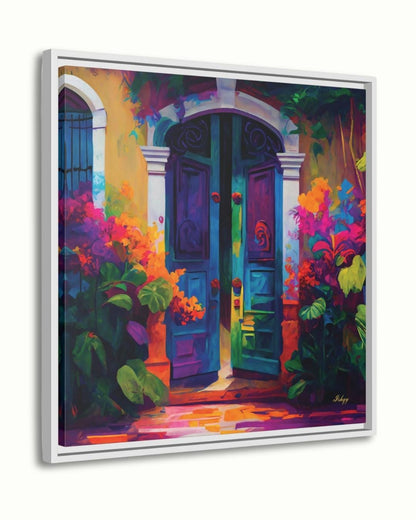 Umbral Florido | Vibrant Mexican Doorway Wall Art Print | IshqyBusiness. Bougainvillea Door art print of a vibrant Mexican doorway with lush flowers. Canvas & framed canvas painting print for joyful, colorful home wall decor.