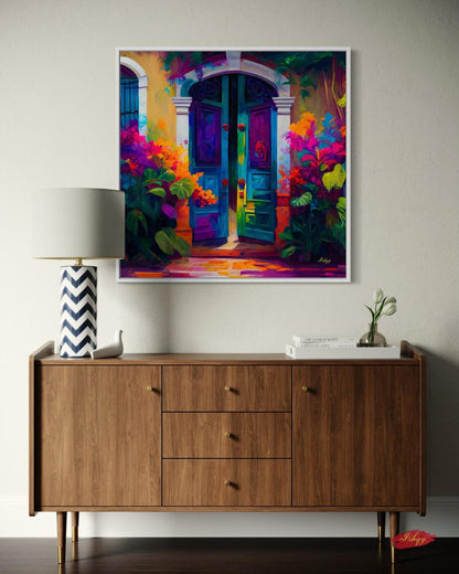 Umbral Florido | Vibrant Mexican Doorway Wall Art Print | IshqyBusiness. Bougainvillea Door art print of a vibrant Mexican doorway with lush flowers. Canvas & framed canvas painting print for joyful, colorful home wall decor.