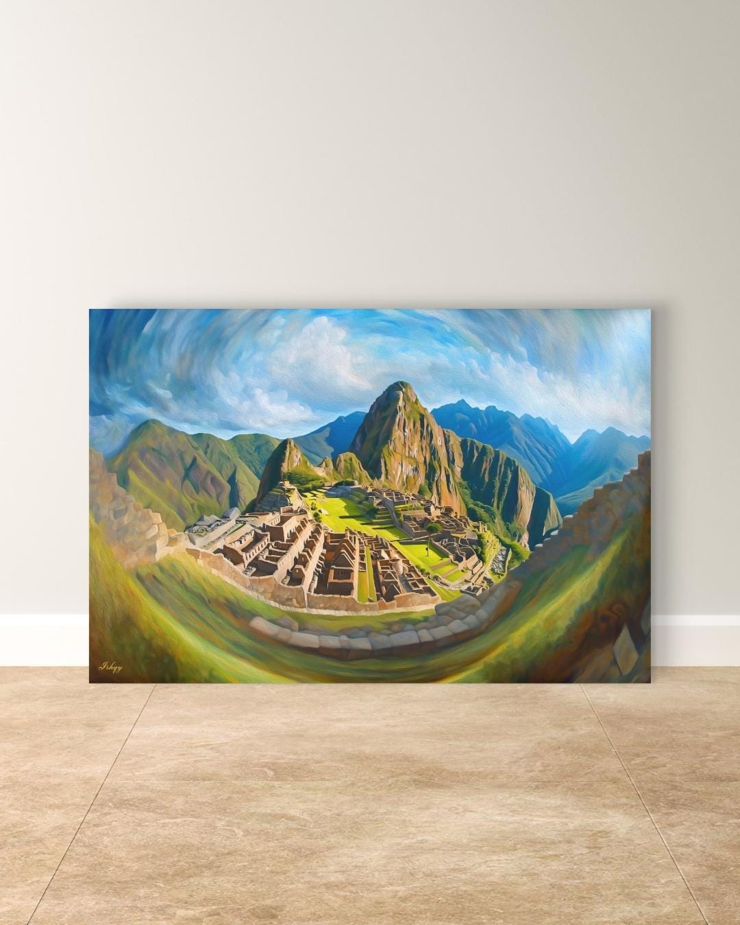 Inti’s Kingdom | Machu Picchu Incan Wall Art Print | IshqyBusiness. Inti’s Kingdom art print of Machu Picchu under the Andean sky. Canvas & framed canvas painting print for cultural, heritage-inspired home decor.