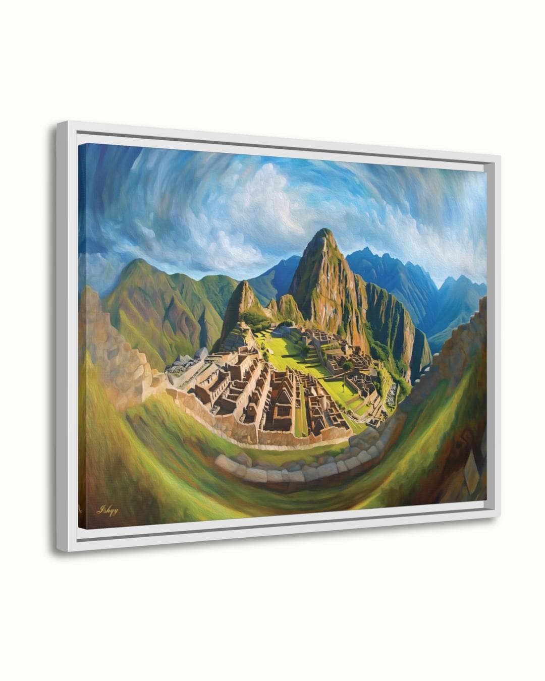 Inti’s Kingdom | Machu Picchu Incan Wall Art Print | IshqyBusiness. Inti’s Kingdom art print of Machu Picchu under the Andean sky. Canvas & framed canvas painting print for cultural, heritage-inspired home decor.
