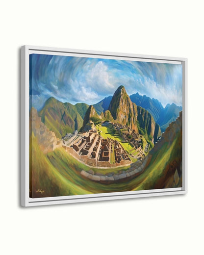 Inti’s Kingdom | Machu Picchu Incan Wall Art Print | IshqyBusiness. Inti’s Kingdom art print of Machu Picchu under the Andean sky. Canvas & framed canvas painting print for cultural, heritage-inspired home decor.