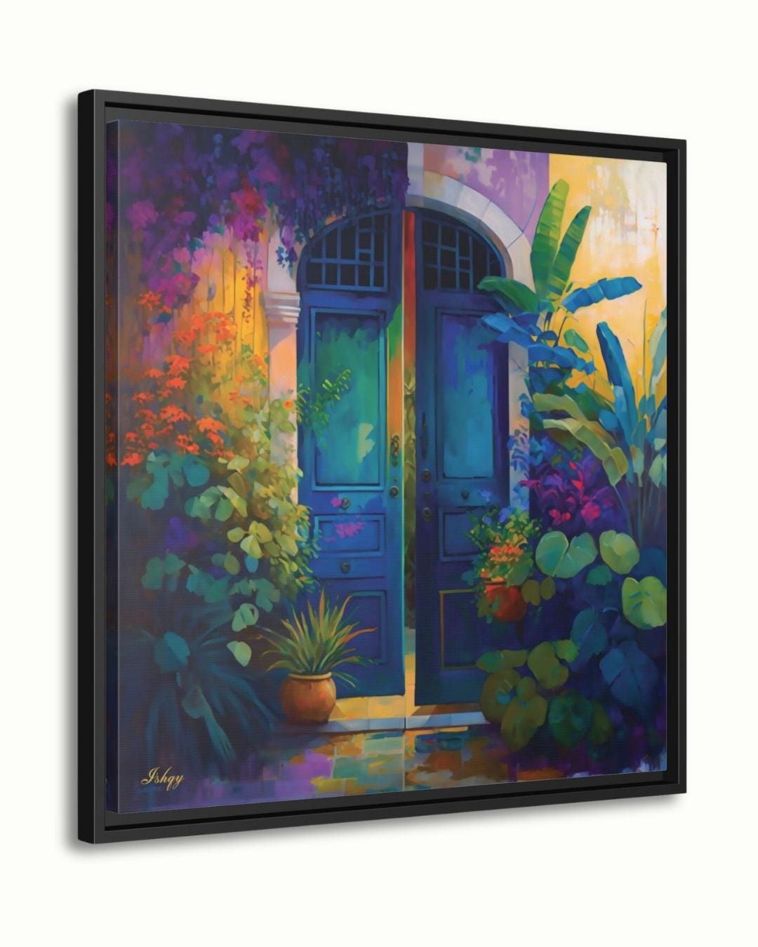Azul Colonial | Colonial Doorway Wall Art Print | IshqyBusiness. Azul Colonial art print featuring a colorful colonial doorway with lush foliage. Canvas & framed canvas painting print for vibrant, cultural home decor.
Mexican Door Wall Art, Vibrant Floral Rustic Doorway Canvas Print, Colorful Boho Entry Painting, Exotic Framed Art for Home Decor