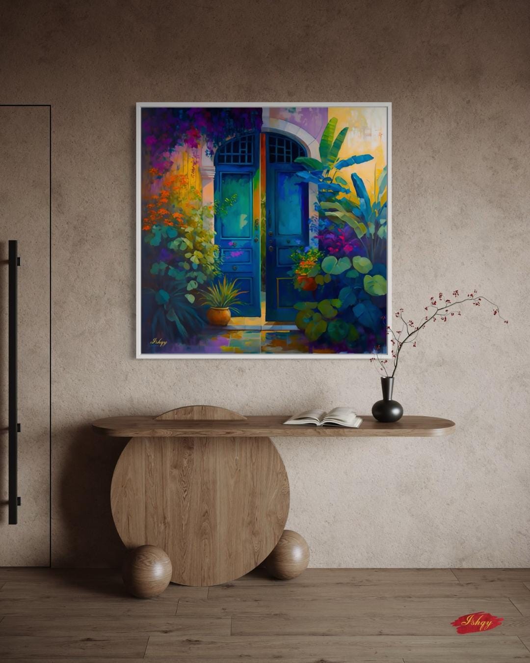 Azul Colonial | Colonial Doorway Wall Art Print | IshqyBusiness. Azul Colonial art print featuring a colorful colonial doorway with lush foliage. Canvas & framed canvas painting print for vibrant, cultural home decor.
Mexican Door Wall Art, Vibrant Floral Rustic Doorway Canvas Print, Colorful Boho Entry Painting, Exotic Framed Art for Home Decor