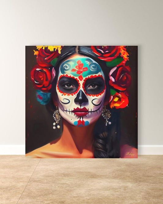 Día de los Muertos Wall Art Print, Mexican Sugar Skull Portrait Canvas, Day of the Dead Home Decor, Square Face Painting Artwork