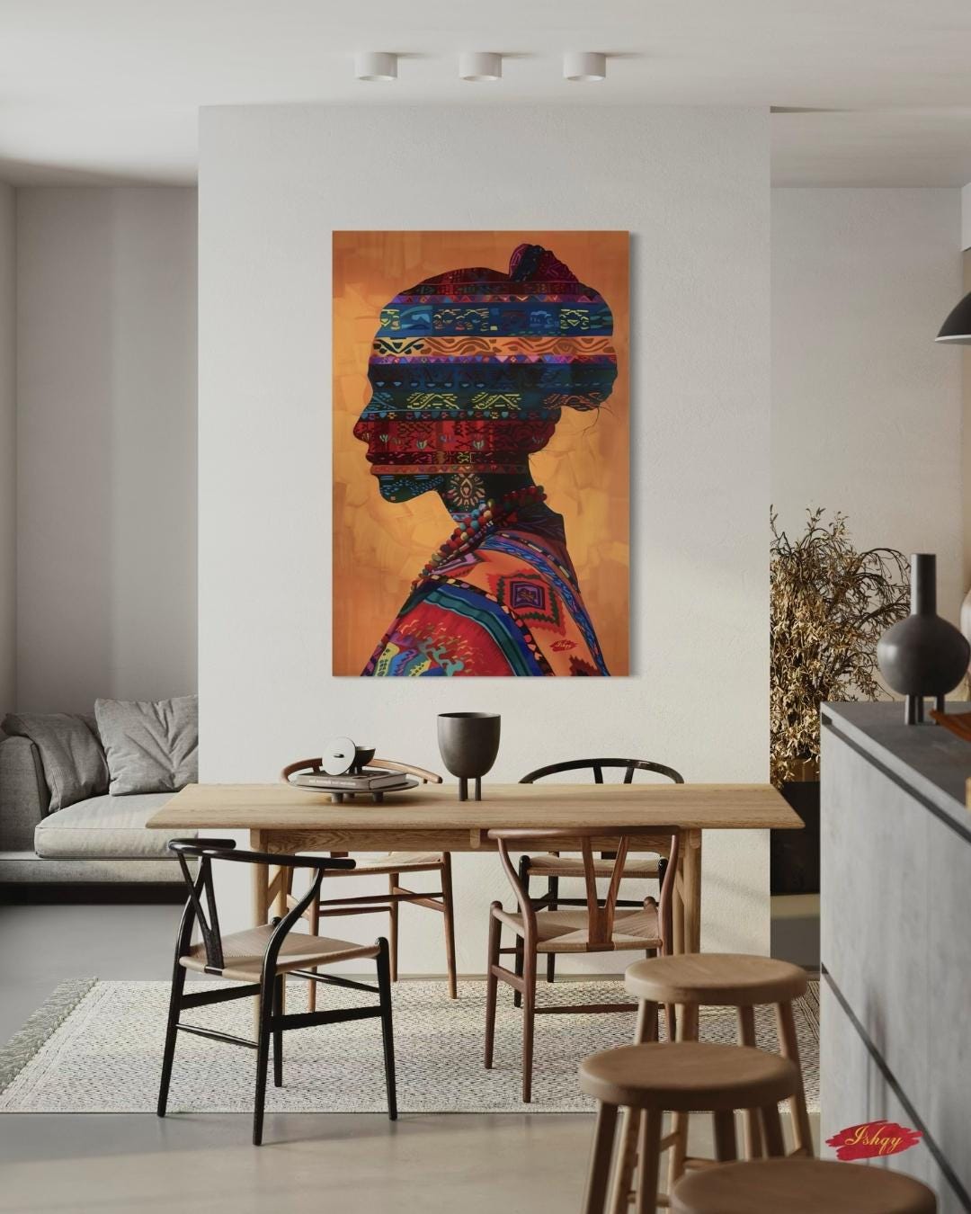 Peruvian Woman Canvas Wall Art, Tribal Textile Silhouette Print, Framed Andean Portrait Painting, Boho South American Wall Decor