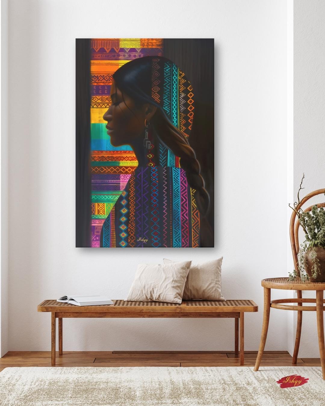 Honduran Woman Canvas Wall Art, Framed Central American Silhouette Print, Cultural Textile Art, Vibrant Latin Home Decor for Living Room