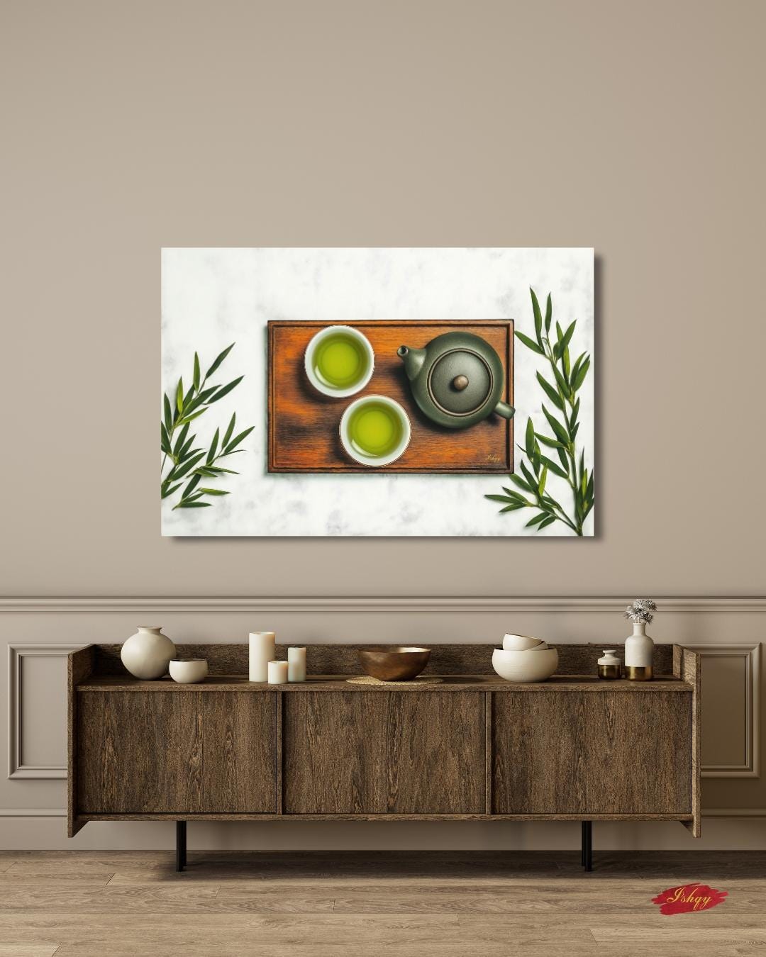 Japanese Green Tea Canvas Wall Art, Zen Kitchen Decor Print, Framed Matcha Wall Decor, Tea Ceremony Art for Dining or Gift for Her