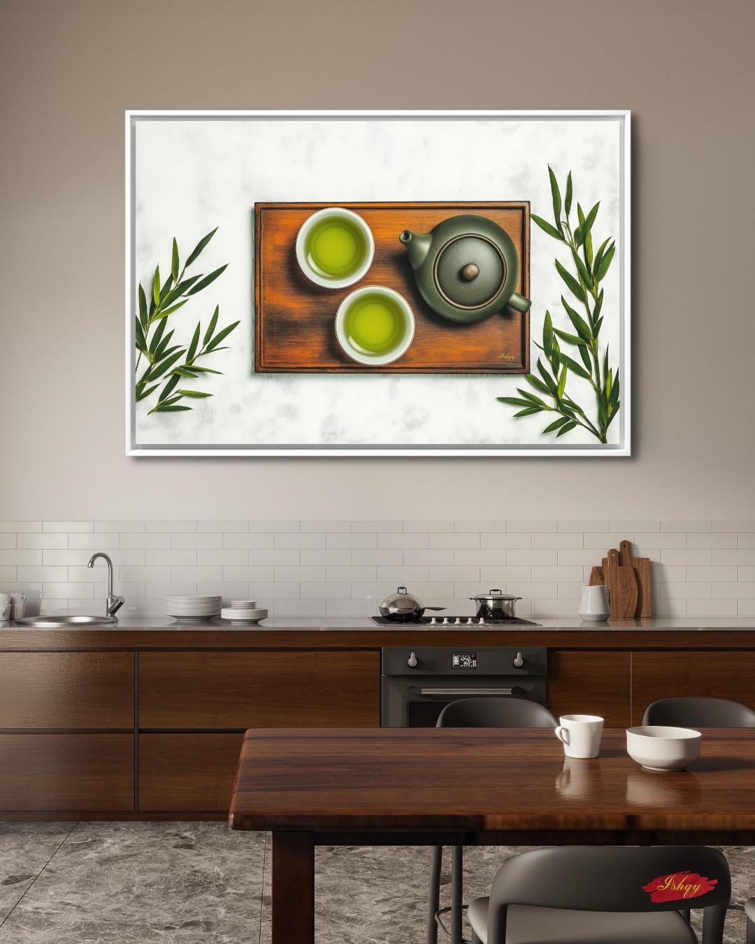 Japanese Green Tea Canvas Wall Art, Zen Kitchen Decor Print, Framed Matcha Wall Decor, Tea Ceremony Art for Dining or Gift for Her