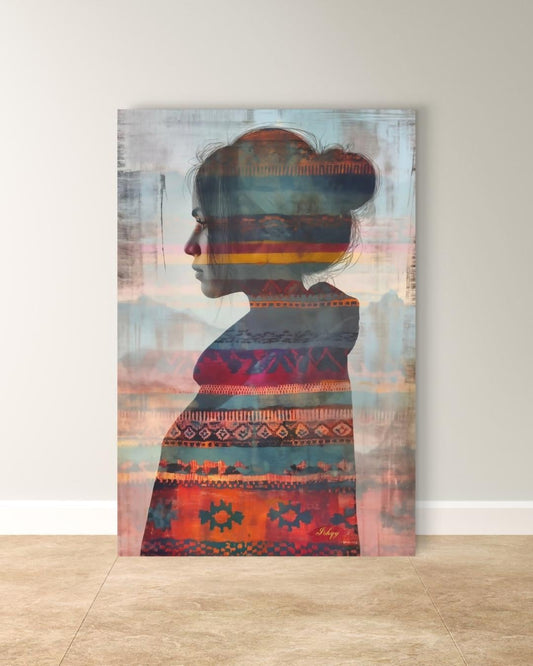 Mujer Mapuche | Chilean Silhouette Wall Art Print | IshqyBusiness. Mujer Mapuche art print featuring a Chilean woman’s silhouette with vibrant Mapuche patterns. Canvas & framed canvas painting print for meaningful home decor.