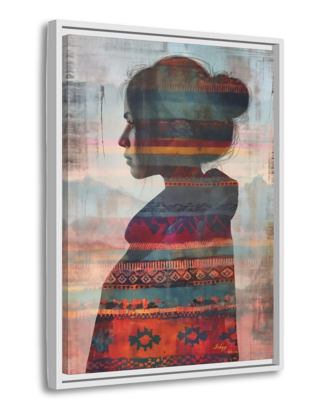 Mujer Mapuche | Chilean Silhouette Wall Art Print | IshqyBusiness. Mujer Mapuche art print featuring a Chilean woman’s silhouette with vibrant Mapuche patterns. Canvas & framed canvas painting print for meaningful home decor.
