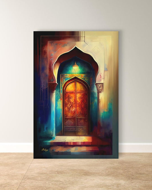 Noor-e-Zehn | Pakistani Doorway Wall Art Print | IshqyBusiness. Noor-e-Zehn Pakistani door art print with vibrant arches & lantern glow. Canvas & framed canvas painting print for cultural, elegant home decor.