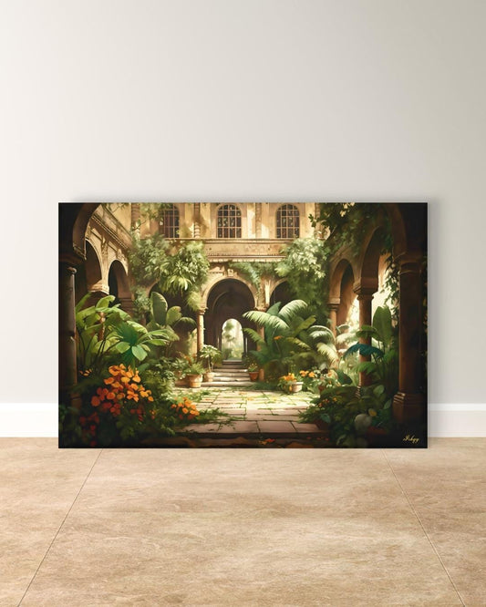 Indian Courtyard Canvas Wall Art, Mughal Garden Framed Print with Arches and Plants, Jaipur Haveli Decor for Living Room or Entryway