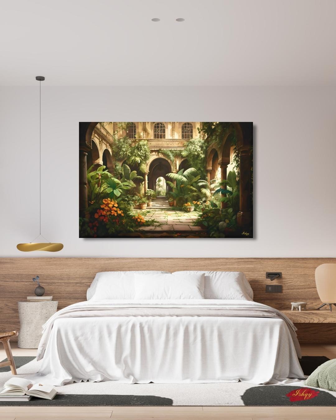 Indian Courtyard Canvas Wall Art, Mughal Garden Framed Print with Arches and Plants, Jaipur Haveli Decor for Living Room or Entryway