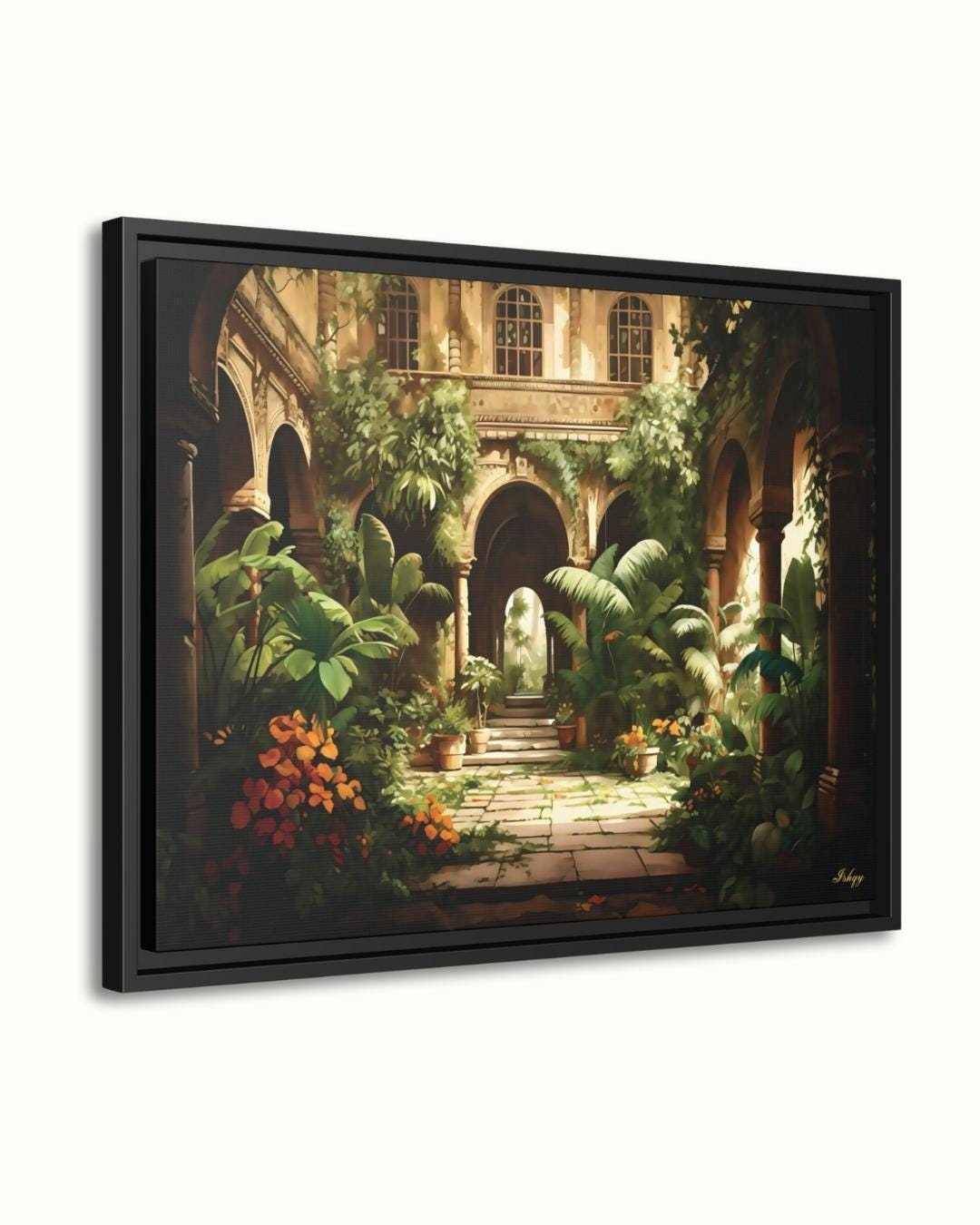 Indian Courtyard Canvas Wall Art, Mughal Garden Framed Print with Arches and Plants, Jaipur Haveli Decor for Living Room or Entryway