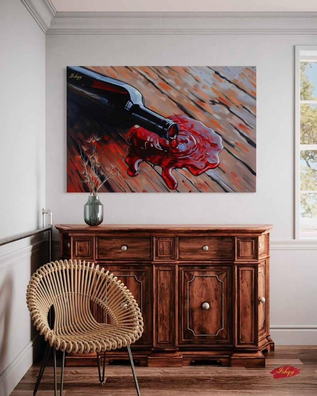 Spilled Vintage | Wine Bottle Wall Art Canvas Print | IshqyBusiness. Spilled Vintage wine bottle art print with rustic wood & rich red hues. Canvas & framed canvas painting print for dining room or kitchen decor.
