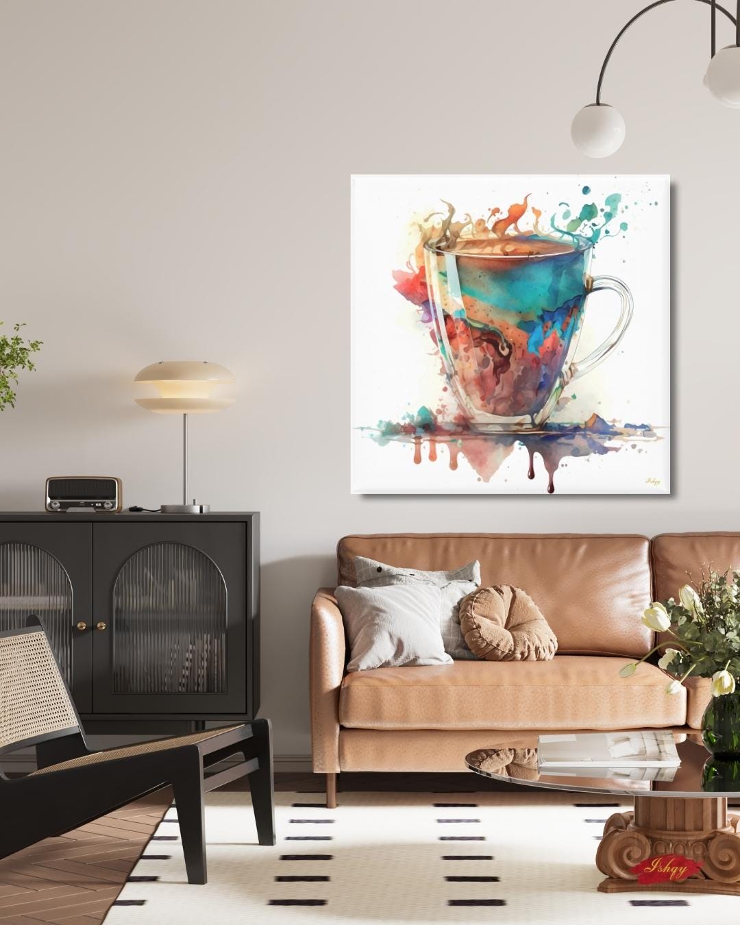 Fusion Brew | Abstract Tea Coffee Wall Art Canvas Print | IshqyBusiness. Fusion Brew abstract tea coffee art print with vibrant hues & fluid textures. Canvas & framed canvas painting print for kitchen or cafe decor.