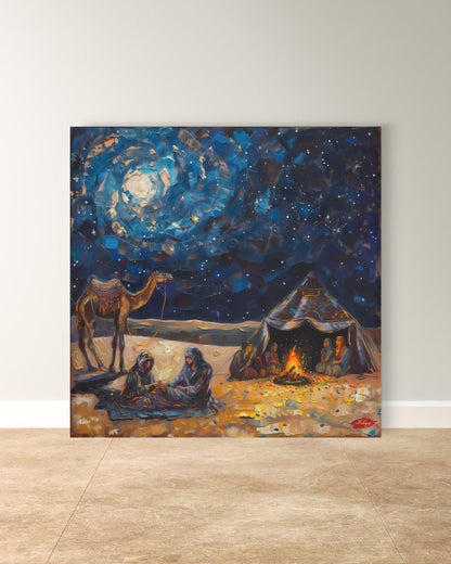 Layl | Bedouin Desert Night Wall Art Canvas Print | IshqyBusiness. Layl Bedouin desert night art print with starry sky & campfire glow. Canvas & framed canvas painting print for living room or hallway decor.
