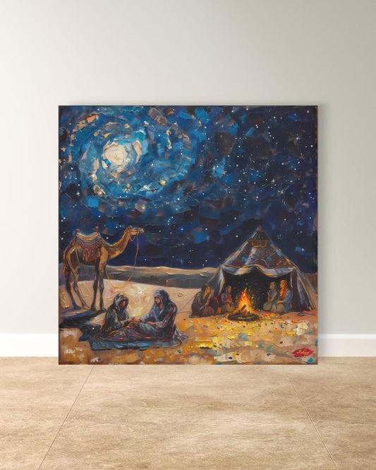 Layl | Bedouin Desert Night Wall Art Canvas Print | IshqyBusiness. Layl Bedouin desert night art print with starry sky & campfire glow. Canvas & framed canvas painting print for living room or hallway decor.