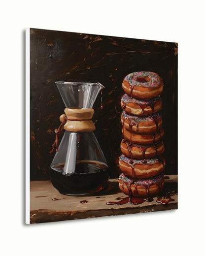 Sugar & Brew | Coffee and Donuts Wall Art Canvas Print | IshqyBusiness. Sugar & Brew coffee and donuts art print with warm tones & playful charm. Canvas & framed canvas painting print for kitchen or cafe decor.