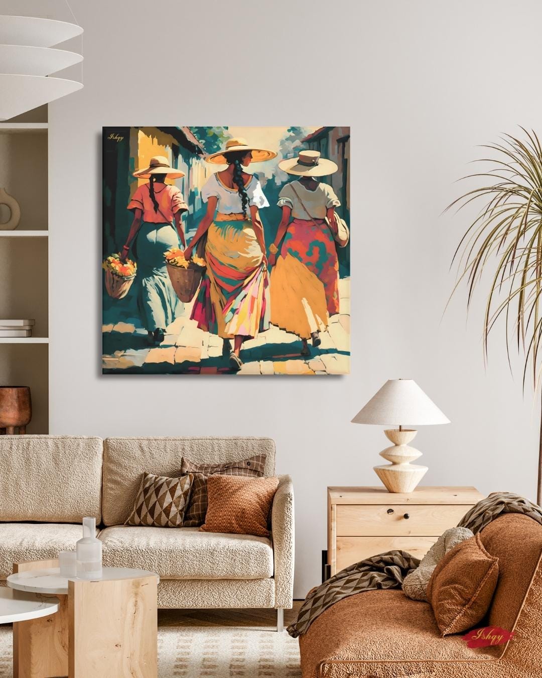 Soleras | Mexican Women Walking Wall Art Canvas Print | IshqyBusiness. Soleras Mexican women walking art print with warm hues & cultural charm. Canvas & framed canvas painting print for kitchen, hallway, or living room decor.