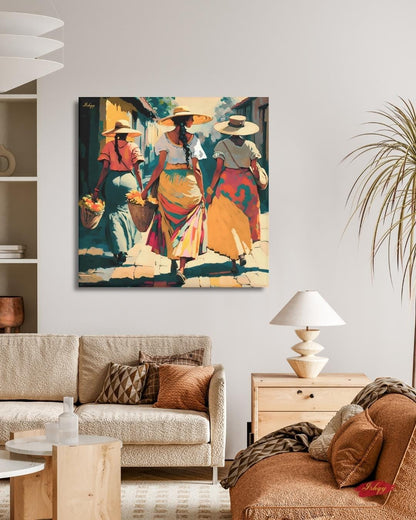 Soleras | Mexican Women Walking Wall Art Canvas Print | IshqyBusiness. Soleras Mexican women walking art print with warm hues & cultural charm. Canvas & framed canvas painting print for kitchen, hallway, or living room decor.