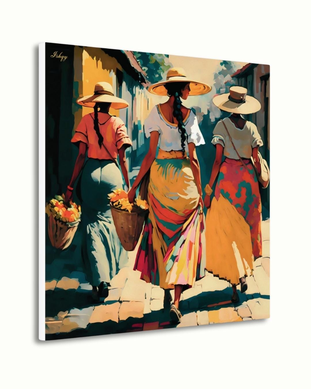 Soleras | Mexican Women Walking Wall Art Canvas Print | IshqyBusiness. Soleras Mexican women walking art print with warm hues & cultural charm. Canvas & framed canvas painting print for kitchen, hallway, or living room decor.