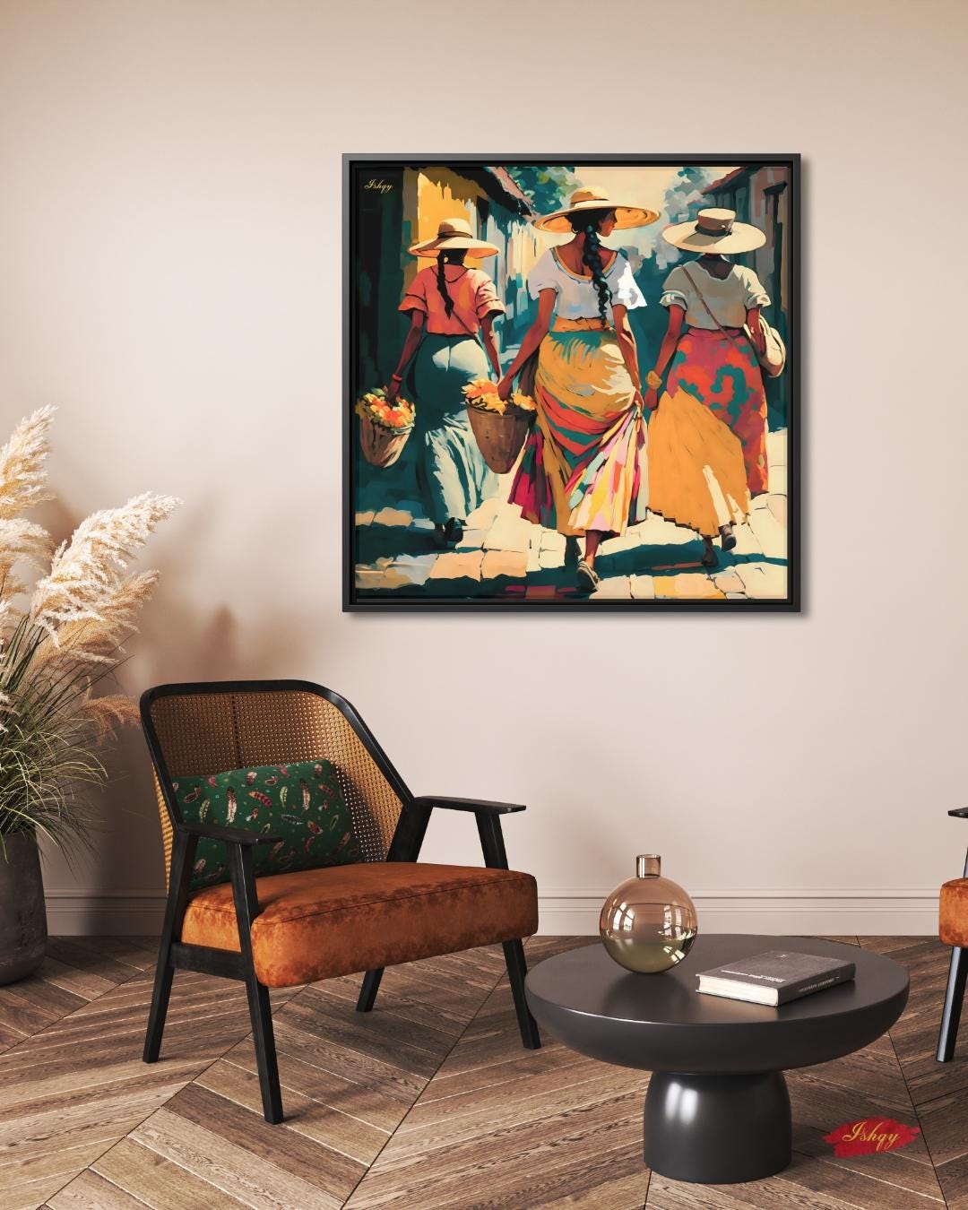 Soleras | Mexican Women Walking Wall Art Canvas Print | IshqyBusiness. Soleras Mexican women walking art print with warm hues & cultural charm. Canvas & framed canvas painting print for kitchen, hallway, or living room decor.