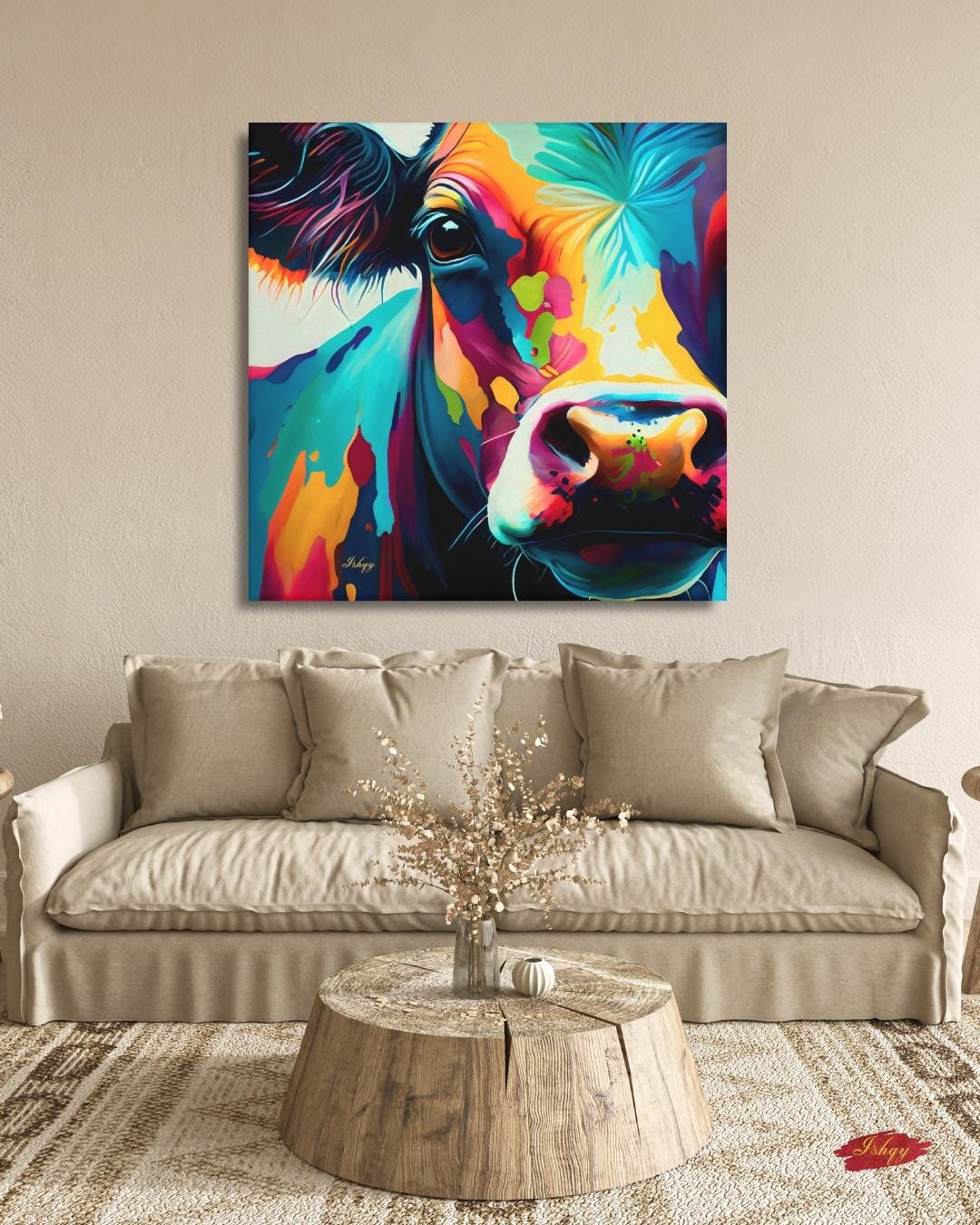 Colorful Cow Wall Art – Vibrant Animal Portrait Painting Print for Farmhouse Kitchen Decor, Rustic Country Home or Dairy Farm Inspired Gift