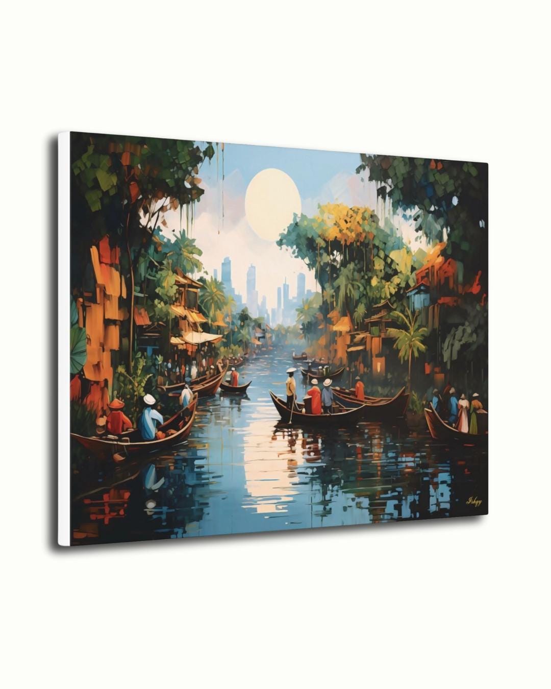 Mekong Floating Market Painting, Canvas & Framed Canvas Vietnam Wall Art, Traditional Asian River Scene Home Decor Art Print