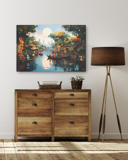 Mekong Floating Market Painting, Canvas & Framed Canvas Vietnam Wall Art, Traditional Asian River Scene Home Decor Art Print