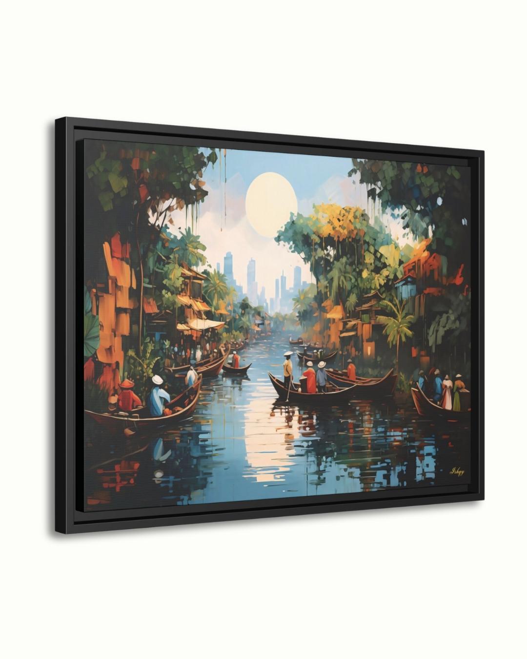 Mekong Floating Market Painting, Canvas & Framed Canvas Vietnam Wall Art, Traditional Asian River Scene Home Decor Art Print