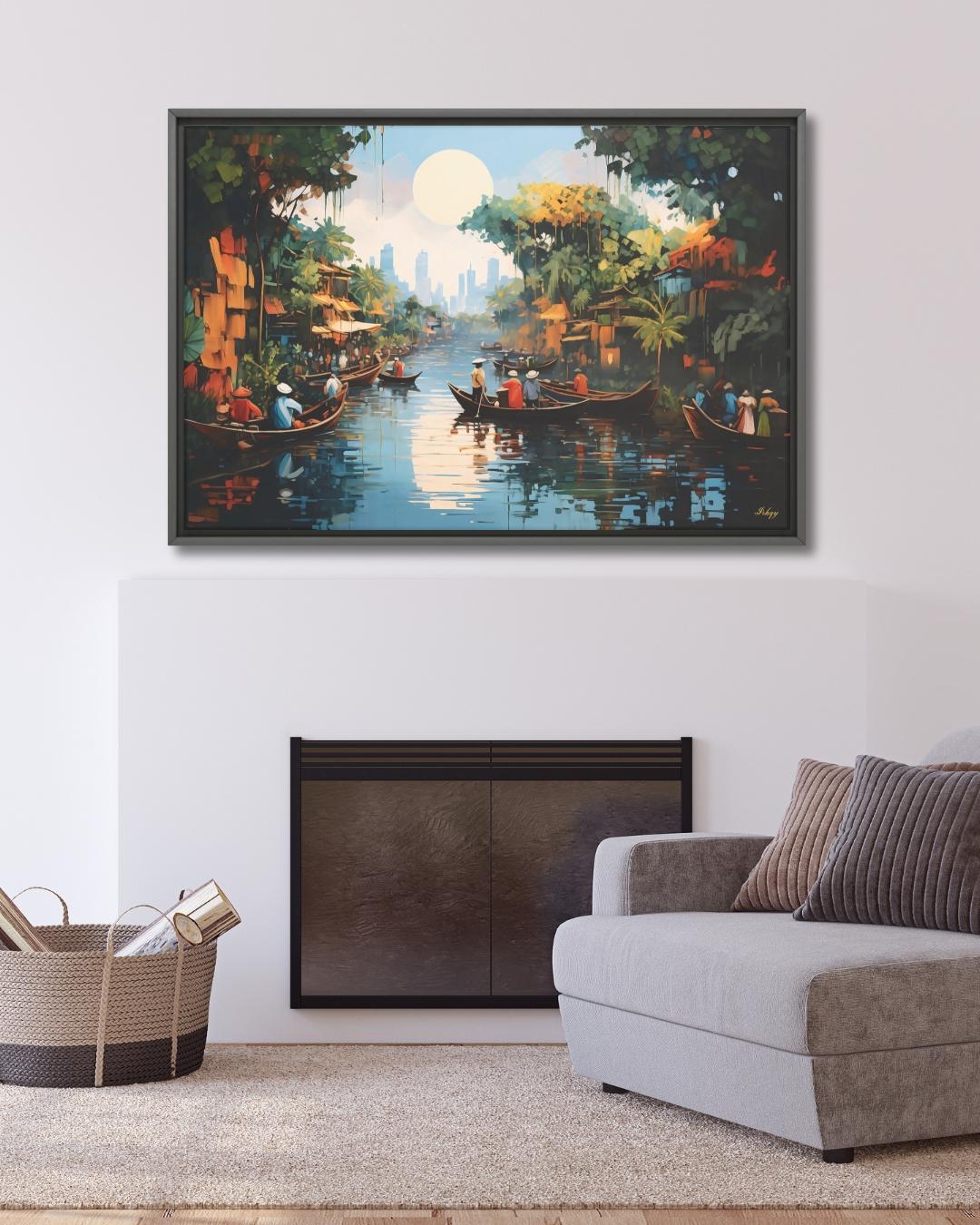 Mekong Floating Market Painting, Canvas & Framed Canvas Vietnam Wall Art, Traditional Asian River Scene Home Decor Art Print