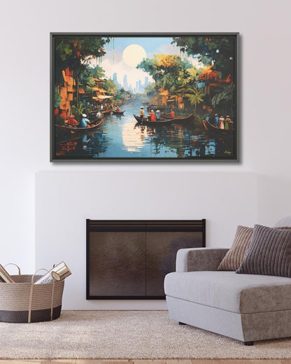 Mekong Floating Market Painting, Canvas & Framed Canvas Vietnam Wall Art, Traditional Asian River Scene Home Decor Art Print