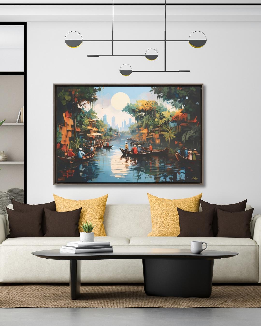 Mekong Floating Market Painting, Canvas & Framed Canvas Vietnam Wall Art, Traditional Asian River Scene Home Decor Art Print