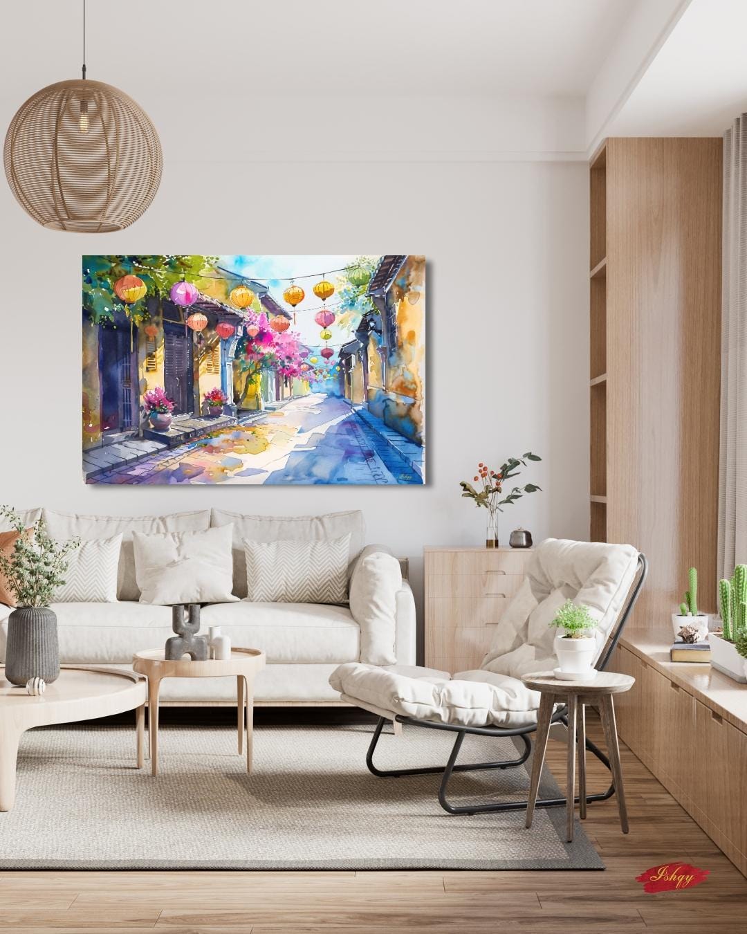 Hoi An Street Scene Painting, Canvas & Framed Canvas Vietnam Wall Art, Watercolor Vietnamese Cityscape Home Decor Art Print