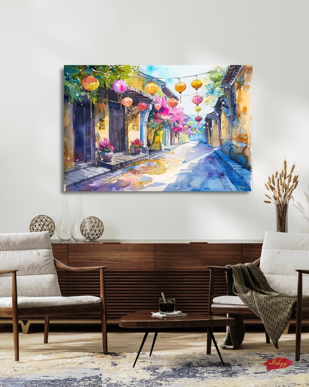 Hoi An Street Scene Painting, Canvas & Framed Canvas Vietnam Wall Art, Watercolor Vietnamese Cityscape Home Decor Art Print