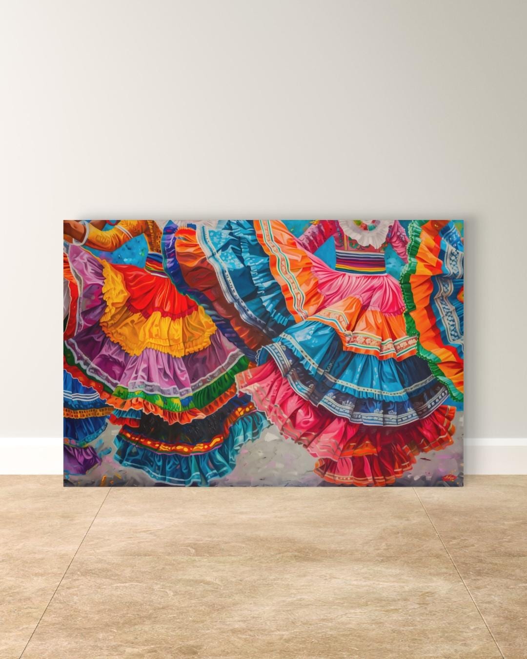 Mexican Dancers Canvas & Framed Canvas Wall Art, Colorful Folklorico Skirt Painting Print, Vibrant Mexico Dance Home Decor Art Print