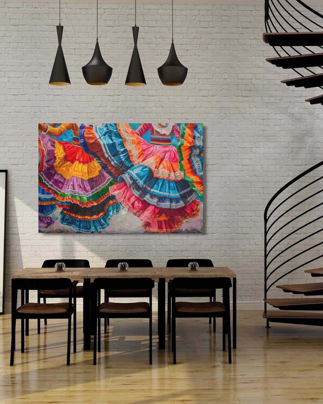 Mexican Dancers Canvas & Framed Canvas Wall Art, Colorful Folklorico Skirt Painting Print, Vibrant Mexico Dance Home Decor Art Print