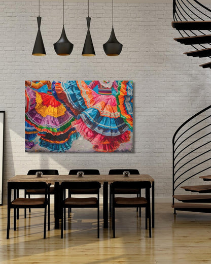 Mexican Dancers Canvas & Framed Canvas Wall Art, Colorful Folklorico Skirt Painting Print, Vibrant Mexico Dance Home Decor Art Print
