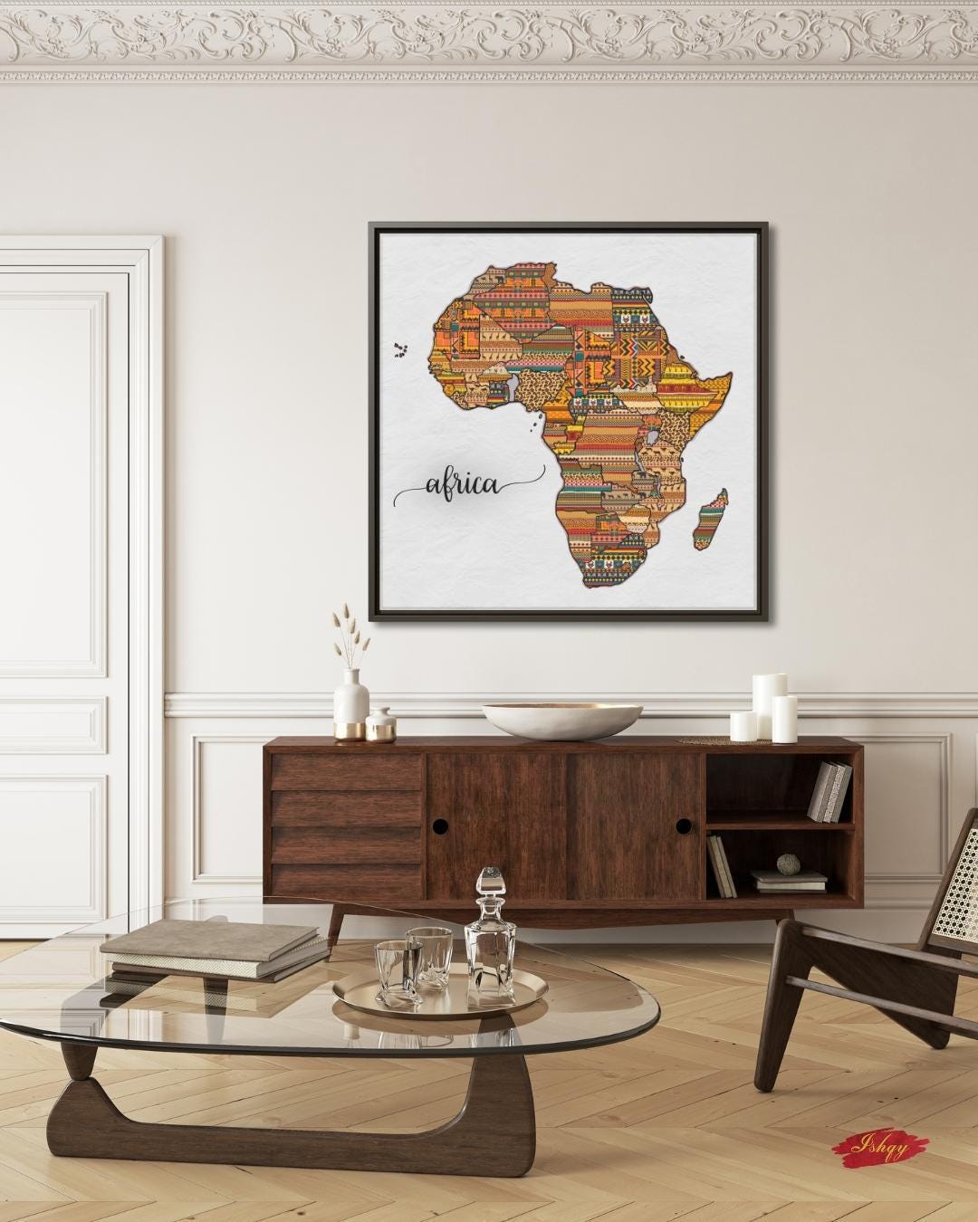African Map Canvas & Framed Canvas Wall Art, Tribal Pattern Africa Map Painting, Cultural Home Decor Art Print