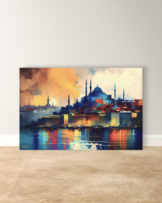 Istanbul Skyline Painting, Canvas & Framed Canvas Turkish Wall Art, Colorful Cityscape Home Decor Art Print