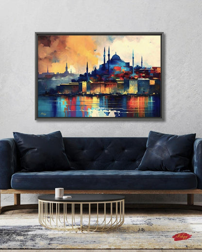 Istanbul Skyline Painting, Canvas & Framed Canvas Turkish Wall Art, Colorful Cityscape Home Decor Art Print