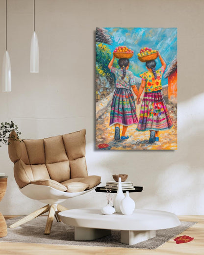 Guatemalan Sisters Painting, Canvas & Framed Canvas Latin Wall Art, Colorful Central American Home Decor Art Print