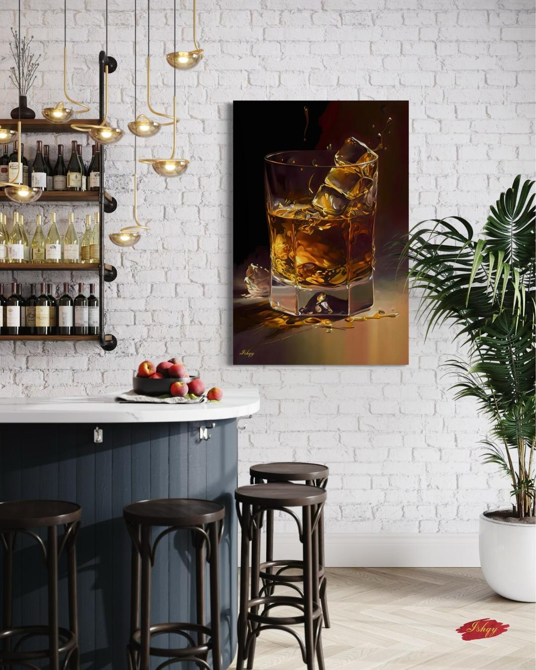Whiskey Wall Art Print, Whiskey Glass Canvas with Ice, Bar Wall Decor, Framed Whiskey Painting for Home, Kitchen, or Lounge Gift
On the Rocks | Whiskey Glass Wall Art Canvas Print | IshqyBusiness. On the Rocks whiskey glass art print with golden hues & elegant detail. Canvas & framed canvas painting print for bar, study, or dining room decor.