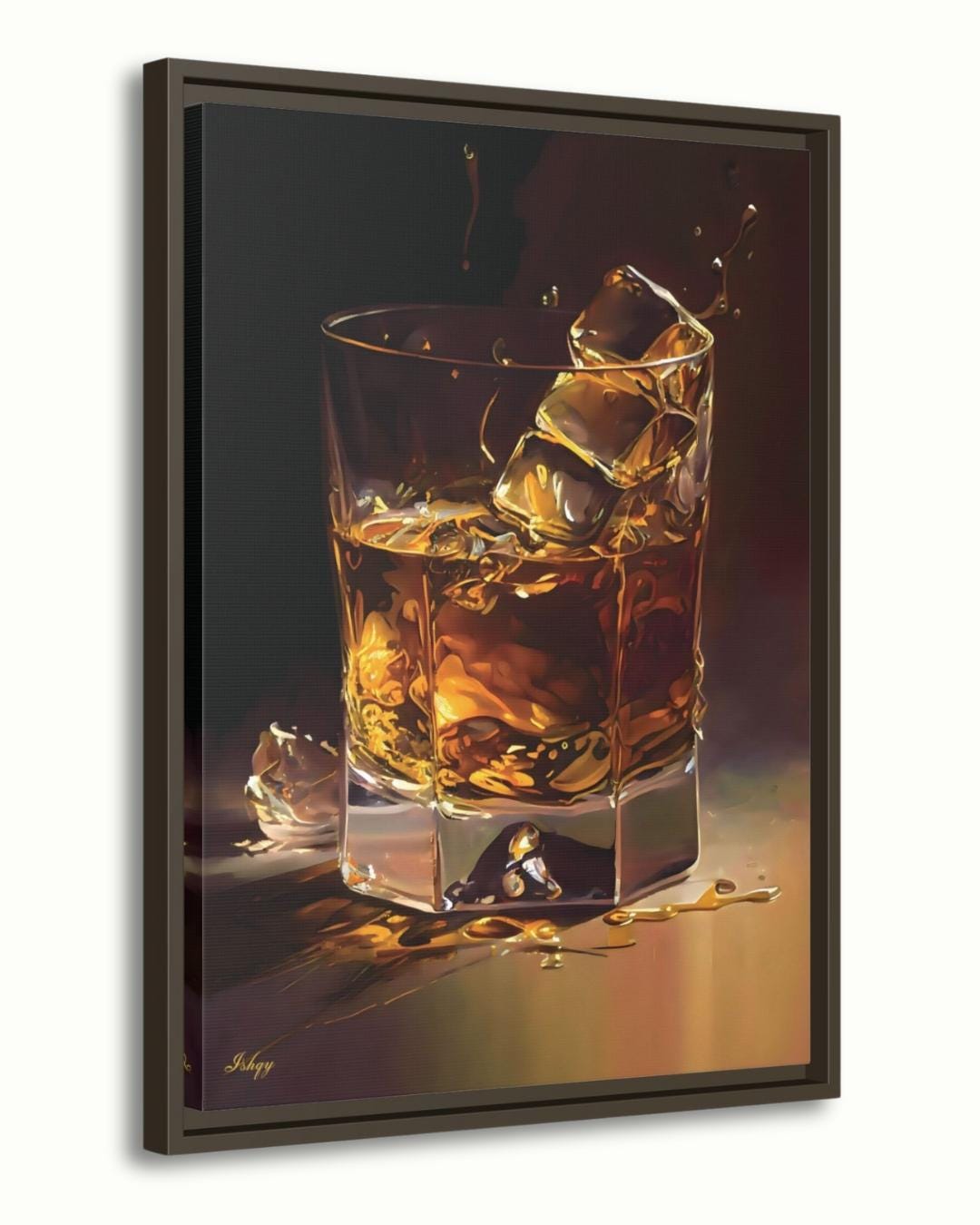 Whiskey Wall Art Print, Whiskey Glass Canvas with Ice, Bar Wall Decor, Framed Whiskey Painting for Home, Kitchen, or Lounge Gift
On the Rocks | Whiskey Glass Wall Art Canvas Print | IshqyBusiness. On the Rocks whiskey glass art print with golden hues & elegant detail. Canvas & framed canvas painting print for bar, study, or dining room decor.