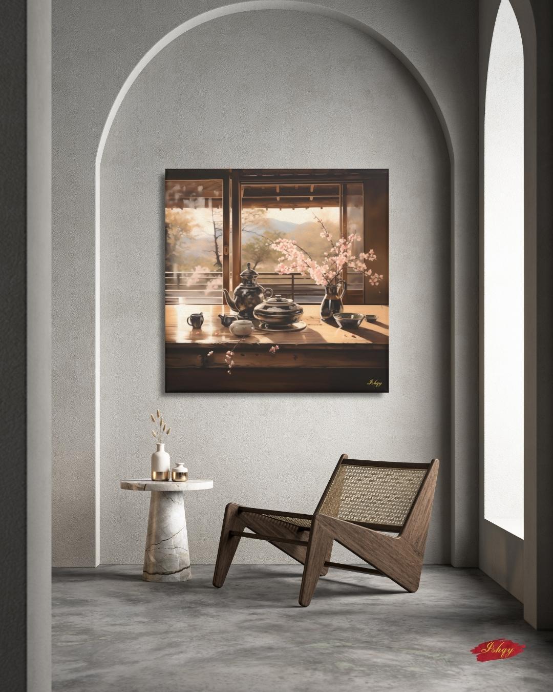 Haru Japanese tea set & cherry blossom art print with tranquil tones. Canvas & framed canvas painting print for kitchen, dining room, or reading nook decor. Japanese Tea Wall Art Print, Cherry Blossom Canvas Painting, Zen Kitchen Wall Decor, Framed T