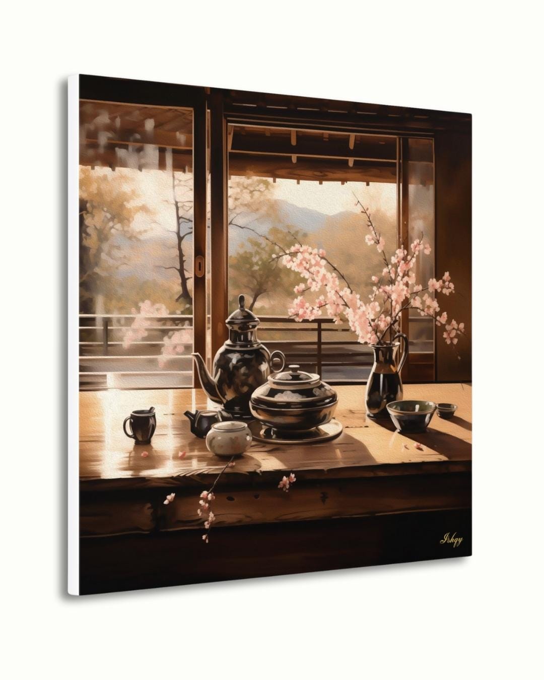 Haru Japanese tea set & cherry blossom art print with tranquil tones. Canvas & framed canvas painting print for kitchen, dining room, or reading nook decor. Japanese Tea Wall Art Print, Cherry Blossom Canvas Painting, Zen Kitchen Wall Decor, Framed T