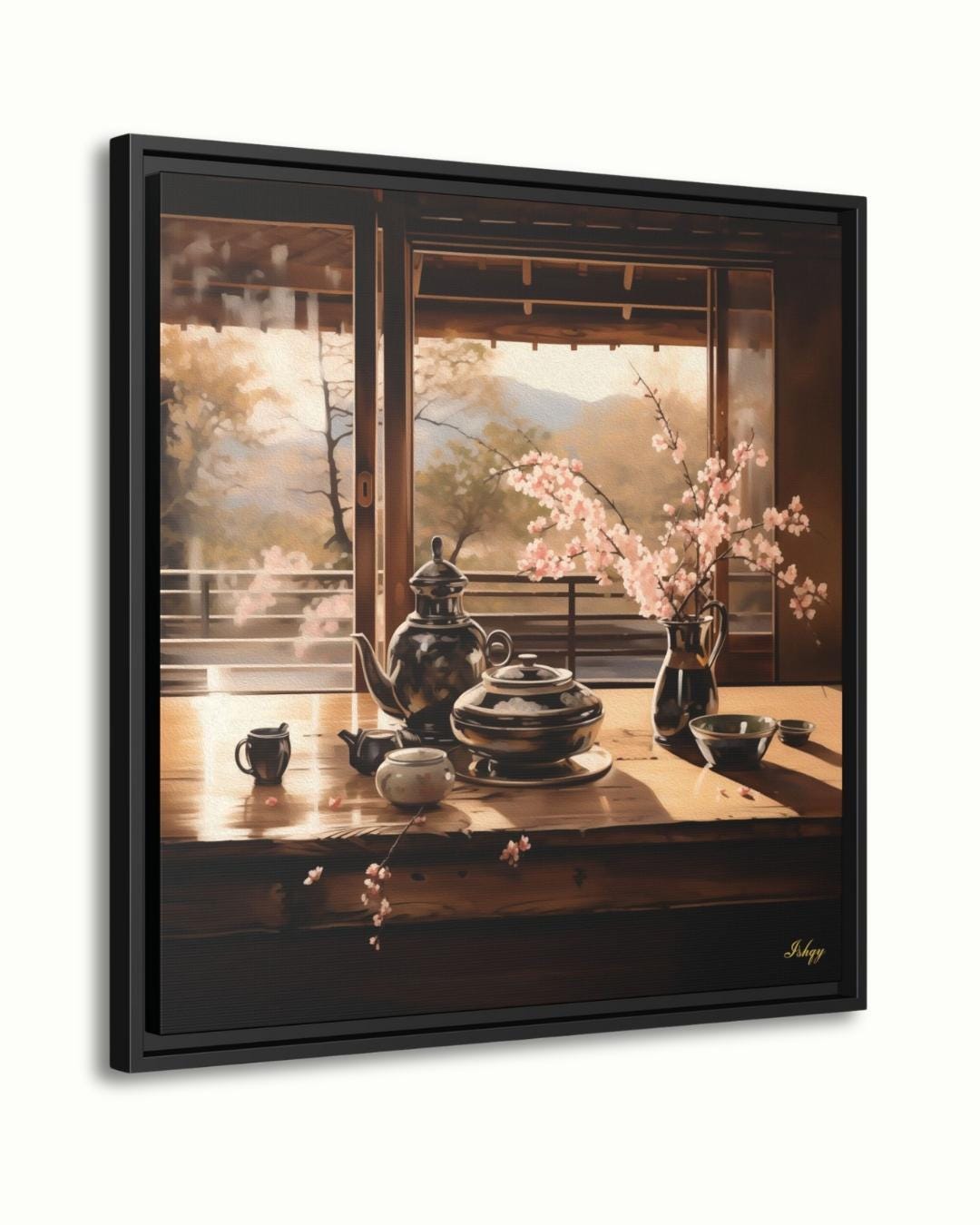 Haru Japanese tea set & cherry blossom art print with tranquil tones. Canvas & framed canvas painting print for kitchen, dining room, or reading nook decor. Japanese Tea Wall Art Print, Cherry Blossom Canvas Painting, Zen Kitchen Wall Decor, Framed T